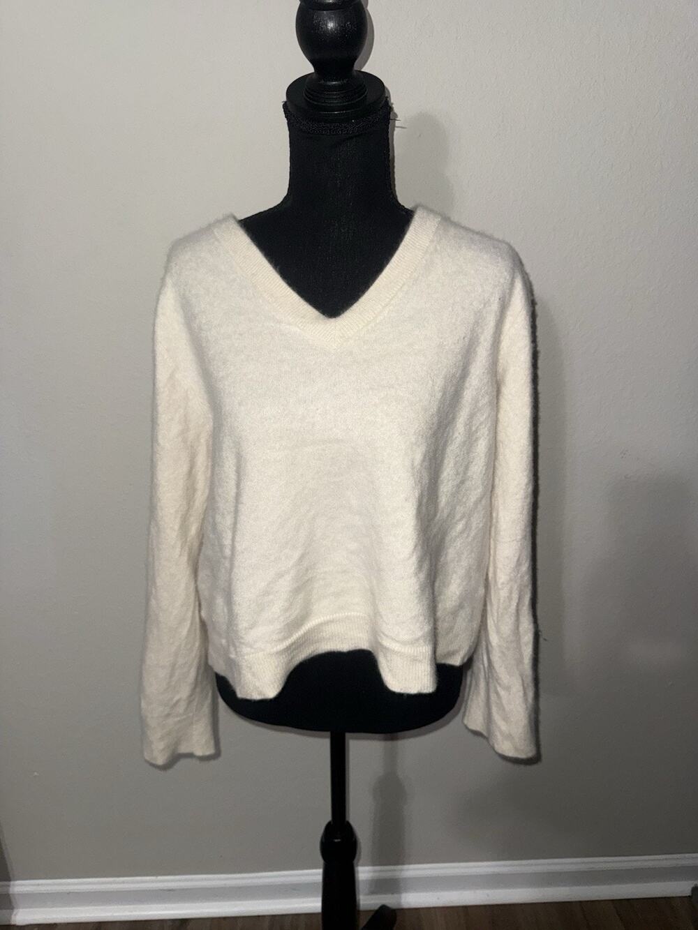 Quince Cropped Cashmere Crewneck Sweater Womens XL V Neck Off White Luxury